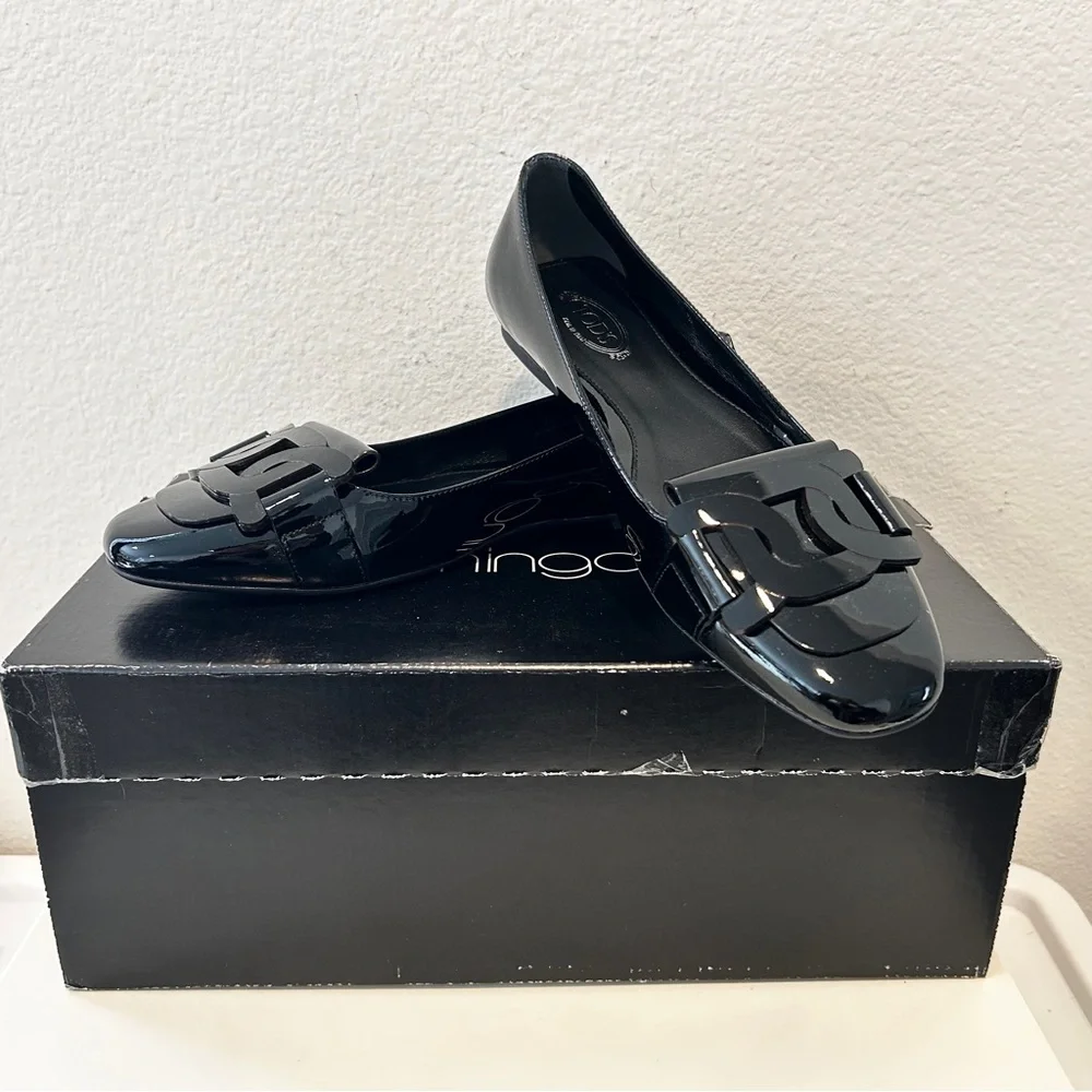 Tod's Link Ballet Flat Black Patent Leather, Size 37, New